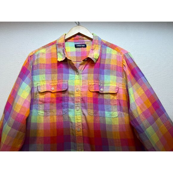 Lands' End Women's Button Down Linen Shirt Long Sleeve Multicolor Check Pockets - Picture 4 of 12